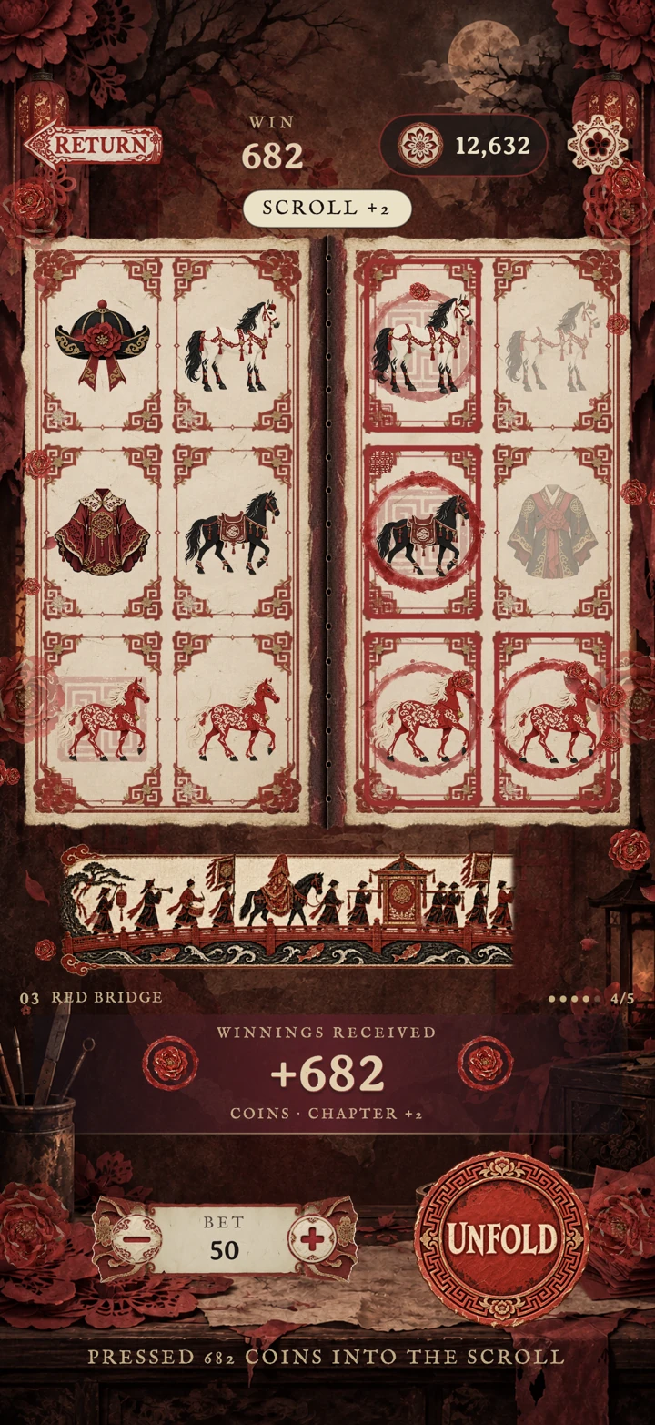 A real winning fold with two paper panels and an unfolding procession