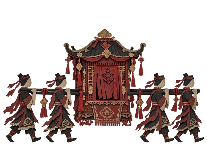 Four paper bearers carrying a red bridal sedan